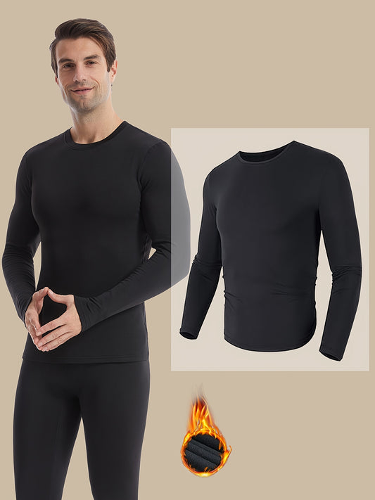 Men's thermal long sleeve top perfect for winter sports or casual wear - quick-dry, stretch fabric for gym, running, and outdoor activities. Features crew neck, solid color, and machine