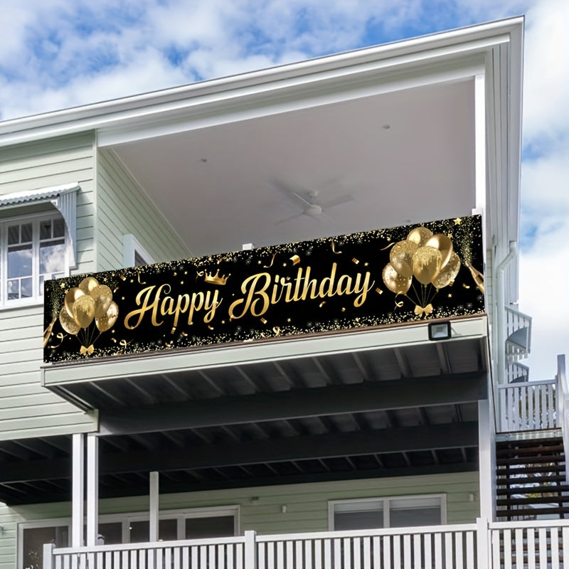 1 piece black and gold Happy Birthday banner for party decoration, supplies, background decor, and photo props. Ideal for indoor and outdoor use.