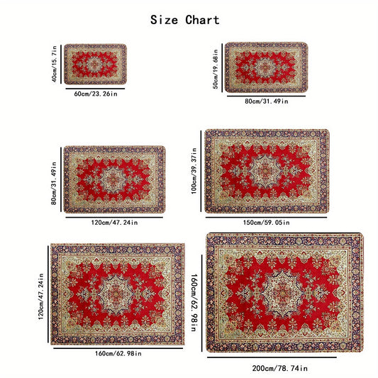 Vintage Printed Rug in Red Persian Style - Non-Slip Polyester Fiber Mat, 1.1cm Thick, Easy to Clean, Ideal for Kitchen, Living Room, Entryway, Balcony and Home Decor - Machine Washable