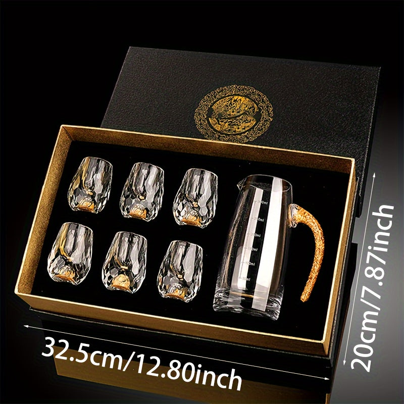 Elegant Crystal Whiskey Glass Set with Golden Foil Accents - Includes 6 Old Fashioned Glasses and Decanter, High-Quality Glassware for Scotch, Bourbon, Vodka, Presented in a Premium Gift Box (6 Glasses + 1 Carafe)