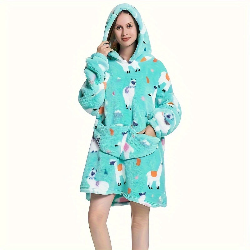 Animal-Themed Cozy Fleece Hooded Wearable Blanket - Reversible, Hand-Wash Only - Ideal for Outdoor Adventures and Home Relaxation