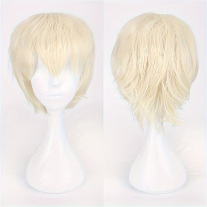 Vibrant Cosplay Wigs Available for Men and Women, Featuring Short, Straight Styles in Orange, Blue, White, Black, and Multicolored Varieties.