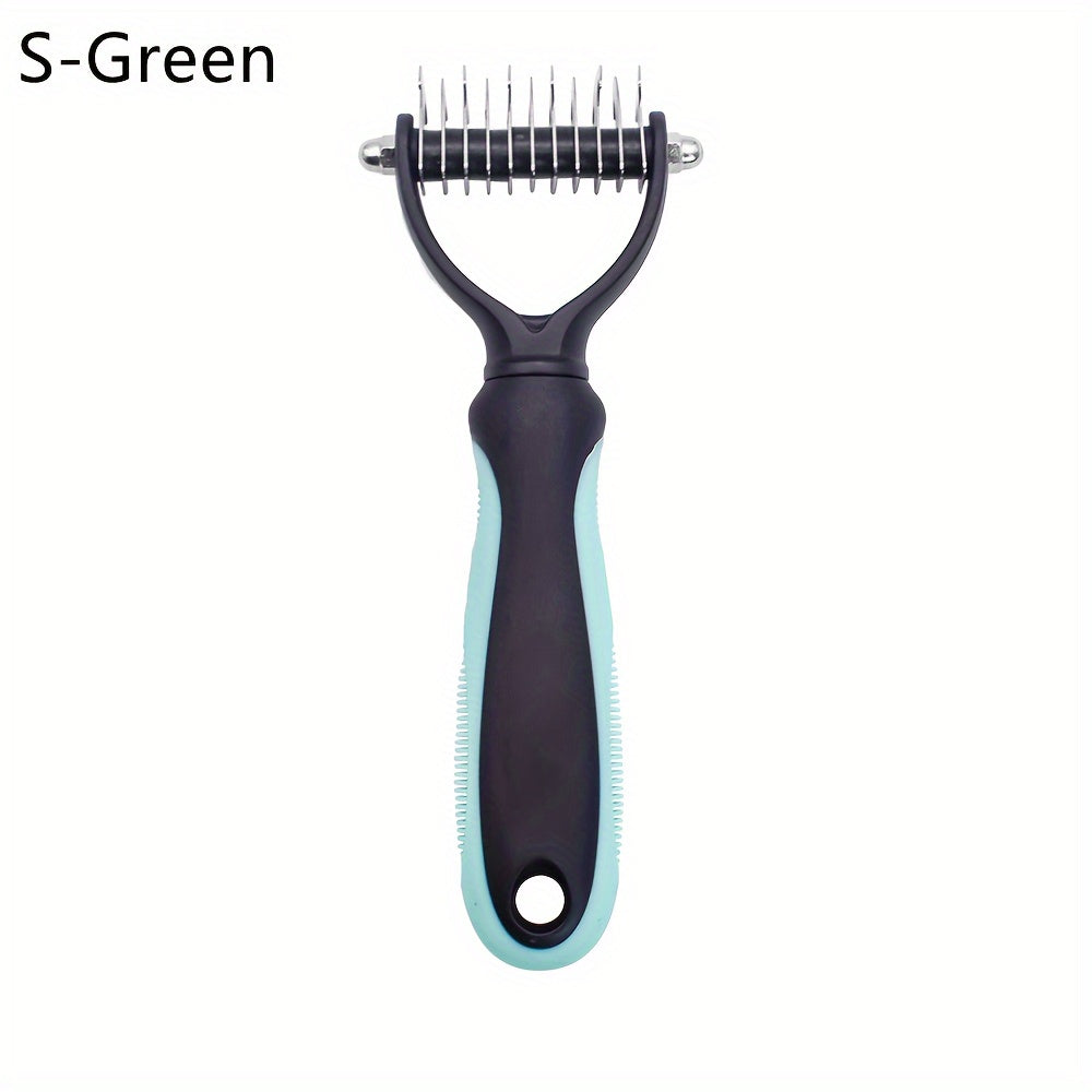 Dual-sided dog grooming brush removes knots and undercoat easily.