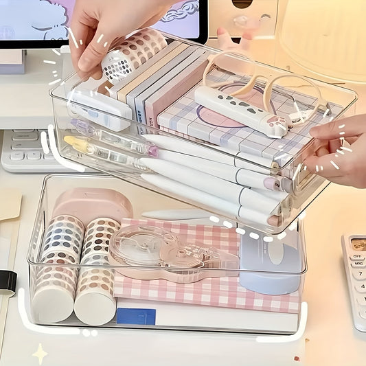 Clear plastic storage bins with handles - stackable desktop organizer drawers for various items - countertop basket for home or office essentials - no electricity required.