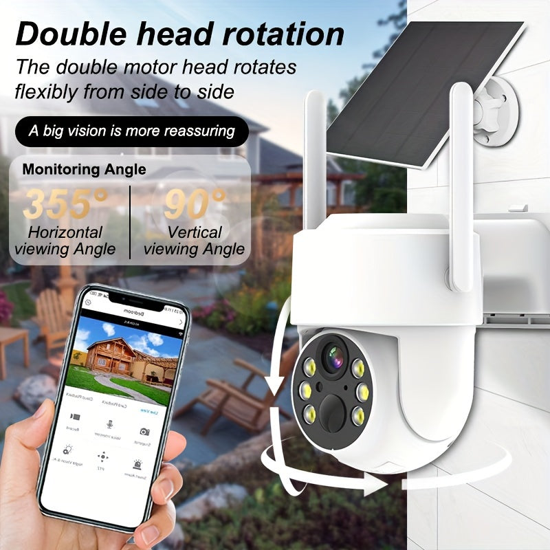 4MP HD Video Solar-Powered Security Camera for Home Surveillance with AI Motion Detection, Color Night Vision, 2-Way Audio, Wi-Fi Connectivity, Solar Lithium Battery, Smartphone Compatibility, Dual Power Mode USB/Battery, Suitable for Ages 14 and Up, SD