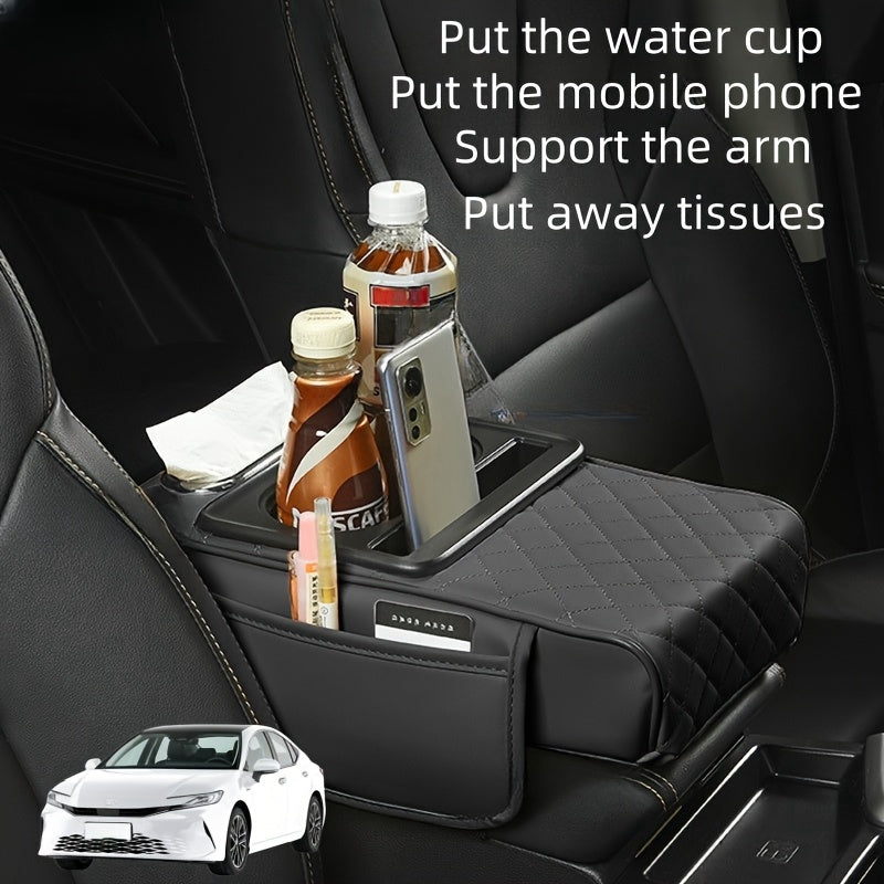 Faux leather car armrest storage box - universal fit, non-textile material, all-season use, organizes water cup, phone, tissues.