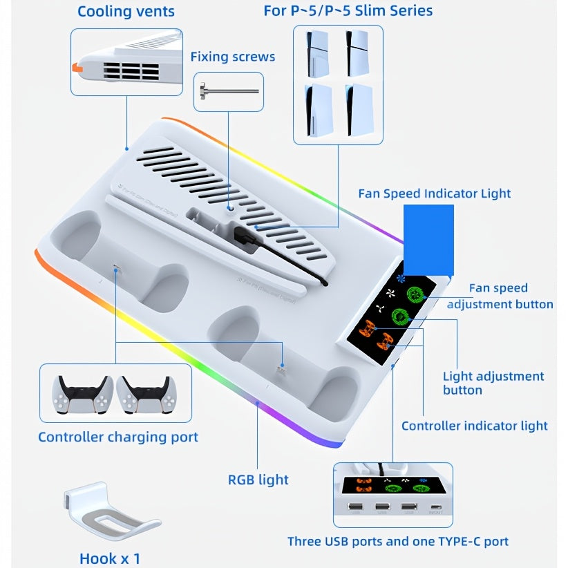 Cooling stand with RGB LED controller charger for PS5/PS5 Slim, with 3-level fan system and secure console/accessory holder for both digital and disc editions of PlayStation 5.