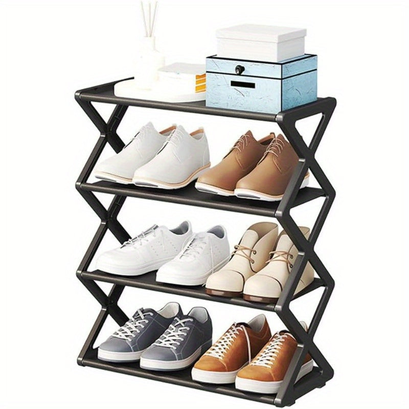 Modern X-Shaped Shoe Rack with Dustproof Shelf, Multifunctional Plastic Storage Organizer, Floor-Standing Design, No Assembly Necessary, Space-Saving for Living Room.