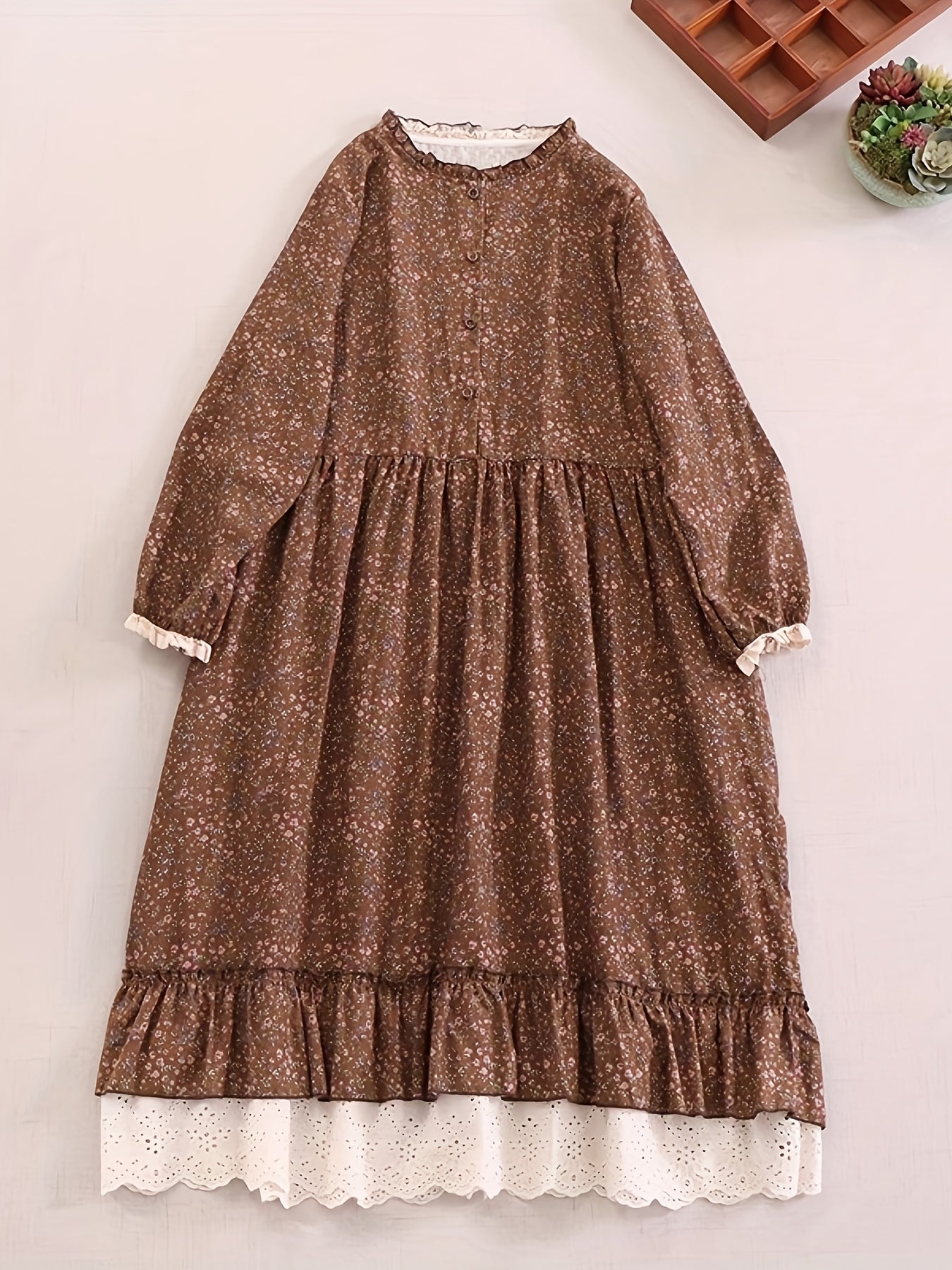 Japanese style floral long-sleeved dress with lace splicing, large hem, and linen skirt for women in Mori Girl's literary style.