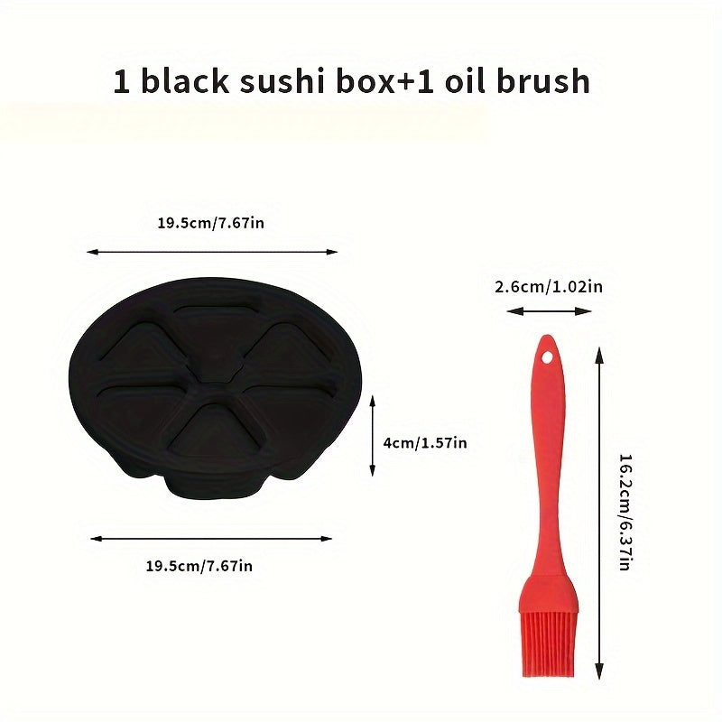 Triangle-shaped Sushi Mold Set includes 6 pieces and an oil brush, perfect for creating onigiri rice balls for bento boxes. This plastic kit is ideal for making Japanese sushi and is safe to use with food. Make delicious seaweed-wrapped rice with this