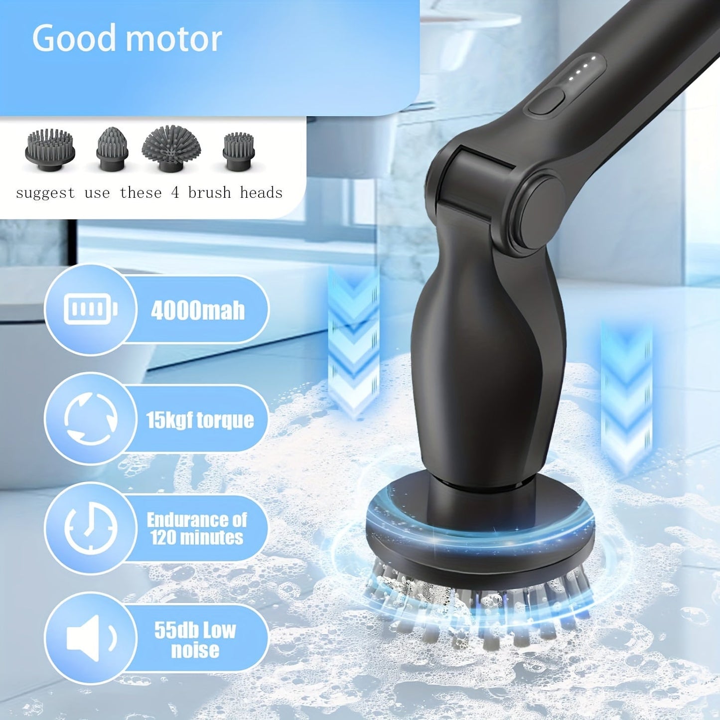 Great for cleaning tiles, bathrooms, floors, and showers, this rechargeable cordless electric spin scrubber comes with an extendable arm and interchangeable heads.