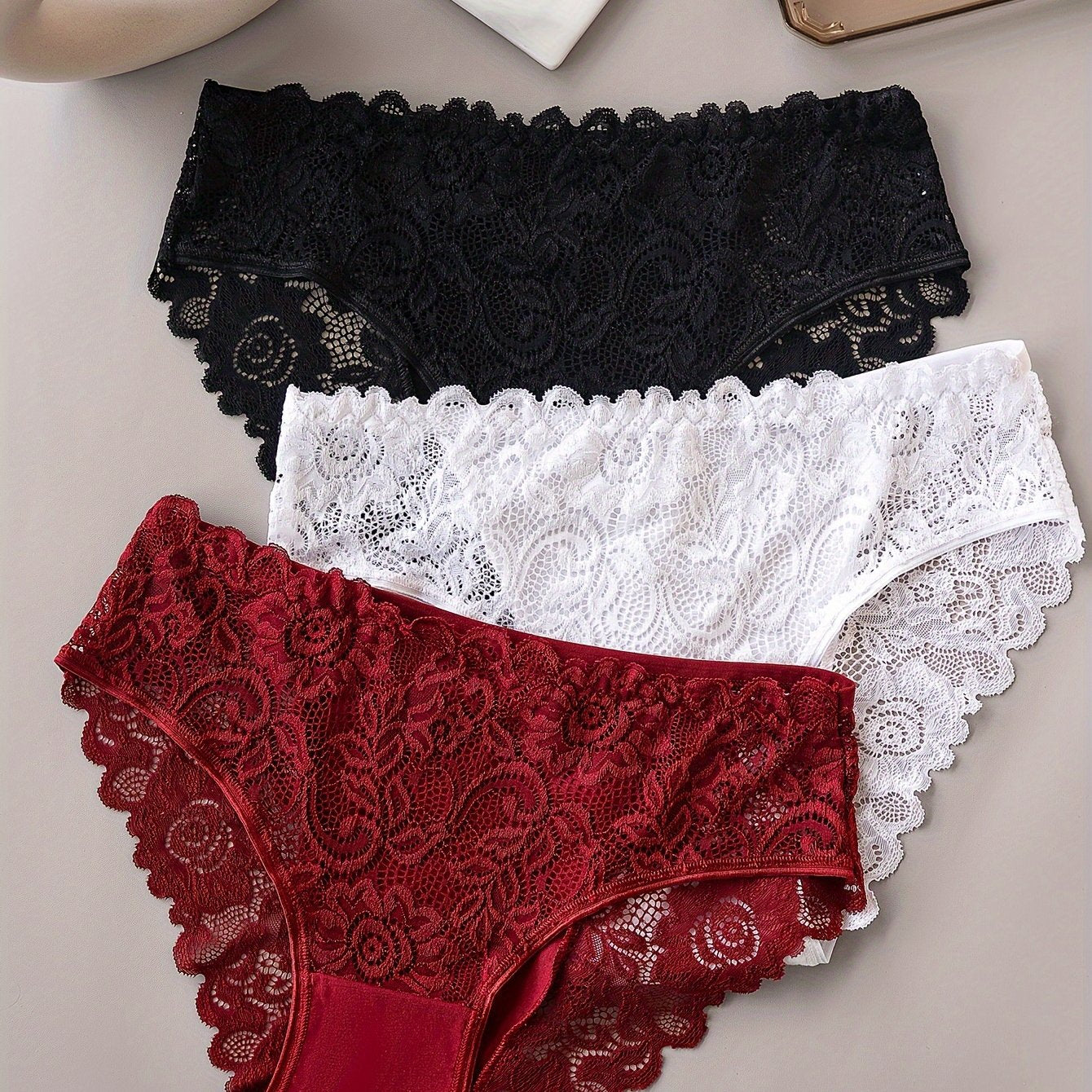 3 solid lace briefs, comfortable and breathable, perfect for women's lingerie and underwear.