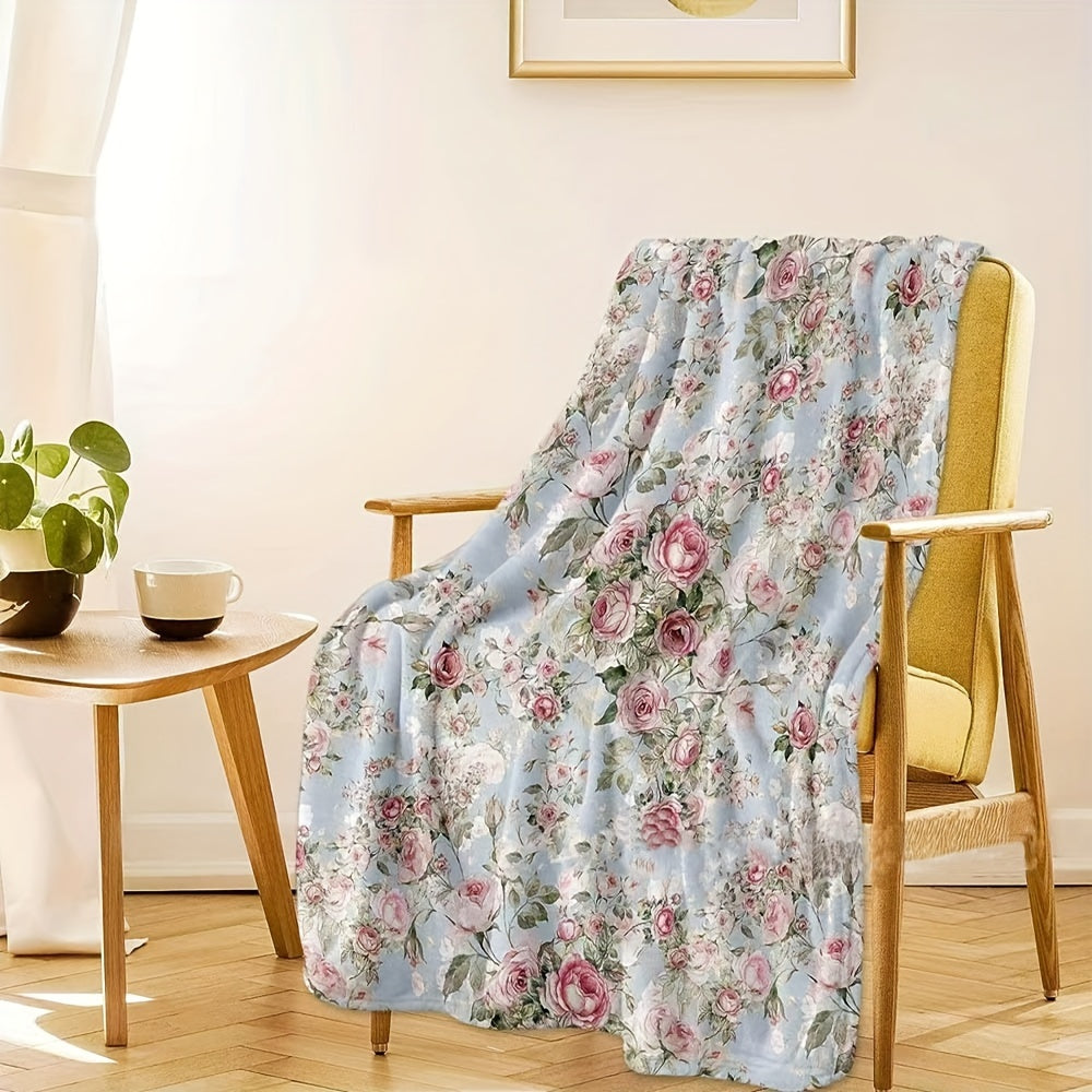 Soft and cozy flannel blanket featuring a beautiful floral rose print, perfect for using on the couch, sofa, in the office, on the bed, while camping, or during travel.