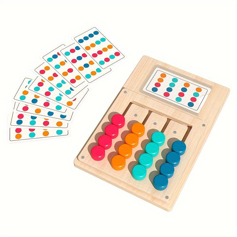 Wooden educational game for youngsters, promoting strategic thinking development and color recognition through four-color card matching. Features vibrant red, green, blue, and yellow pieces.