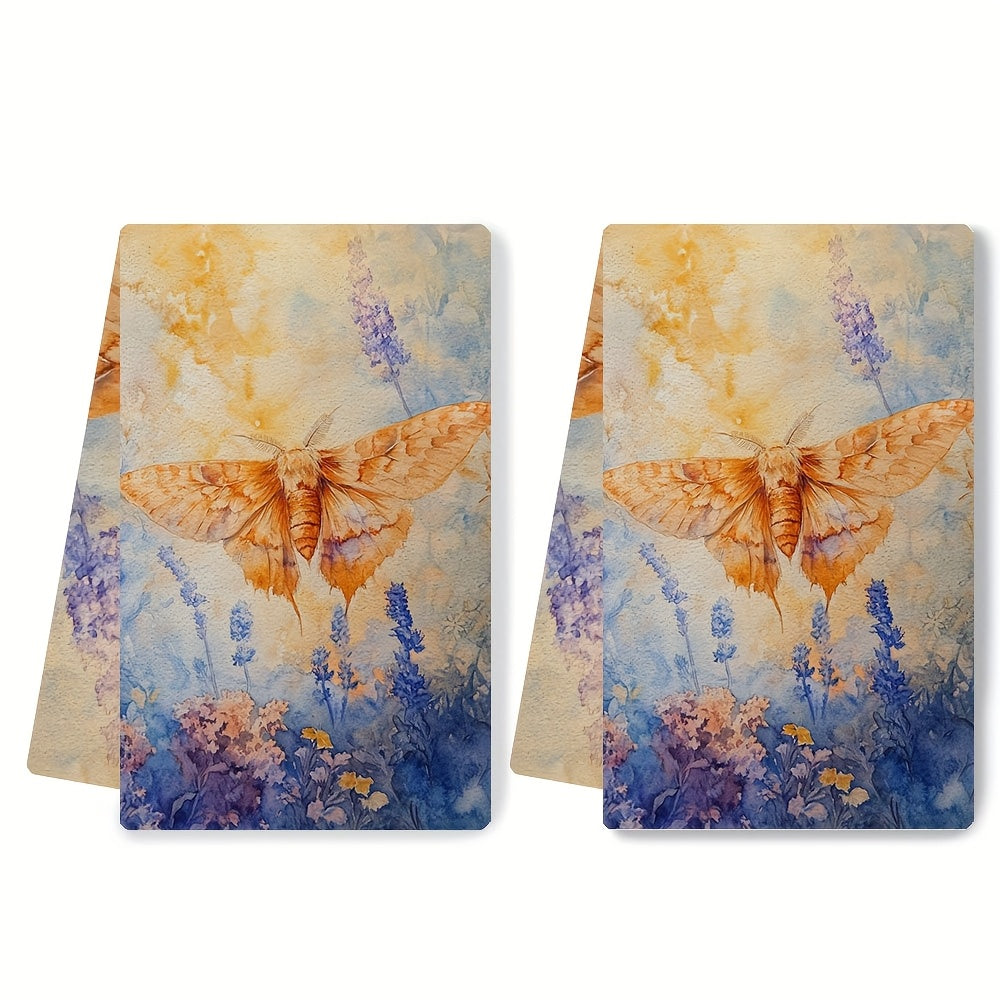 Set of two ultra soft kitchen towels featuring a whimsical moth and floral design. These highly absorbent dish hand towels are machine washable and perfect for contemporary coastal decor. Each towel measures 40.64x60.96 cm.