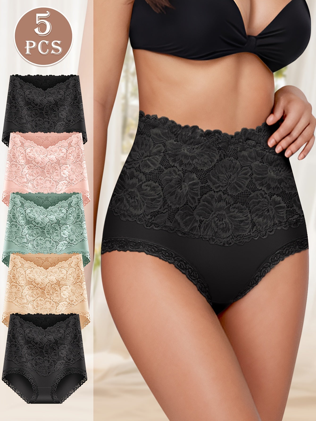 Elegant 5-pack plus size high-waisted lace trim briefs with medium stretch, ideal for daily wear.