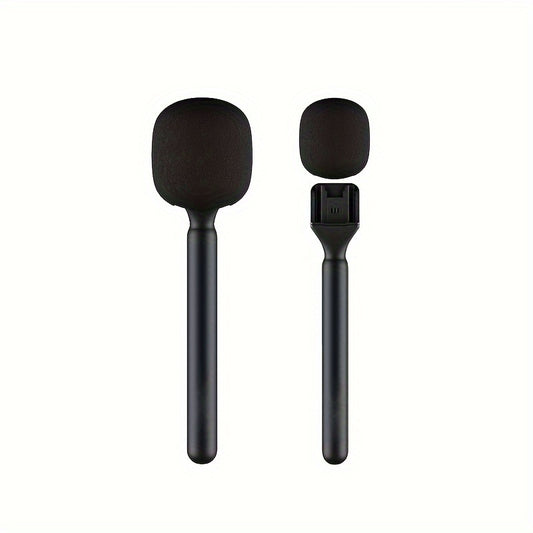 Wireless handheld microphone grip with adapter for interviews.