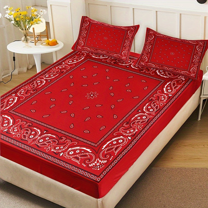 Boho Chic Paisley Print Bedding Set - Includes 1 Fitted Sheet and 2 Pillowcases, Made of Breathable Polyester, Machine Washable - Ideal for Year-Round Use