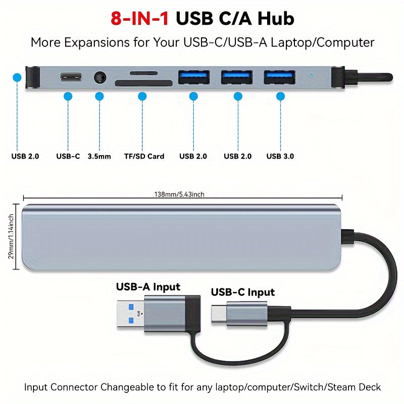 3.0 High speed USB C hub with 4 USB ports, USBC TF/SD card reader, and 3.5mm audio output. Compatible with MacBook Pro/iPad Pro/HP laptops/Galaxy phones.