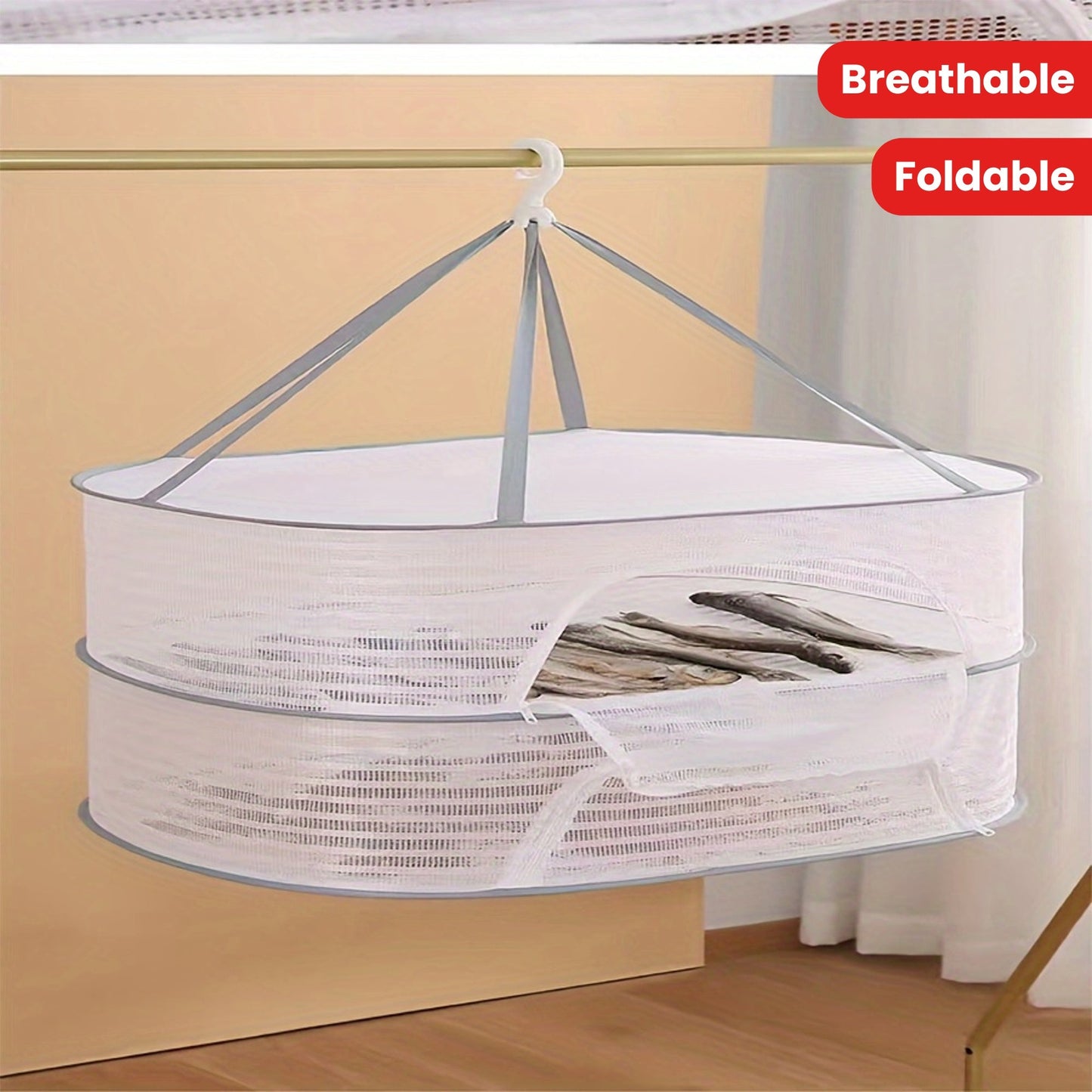 3-Tier Foldable Mesh Drying Rack with Zipper - Multi-functional Hanging Dryer for Laundry, Fish, and More - No Electricity Required, Ideal for Balcony, Clothing Drying, and Organization purposes.