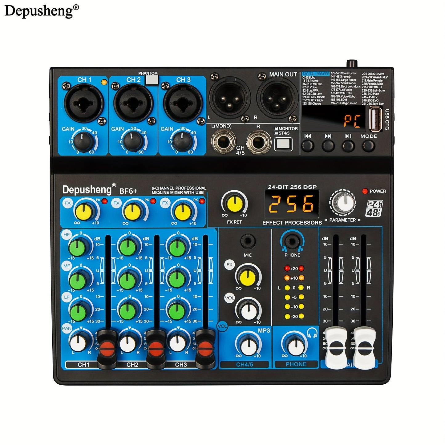 DEPUSHENG 6 Channel DJ Mixer with USB MP3 input, suitable for podcasts, studio recordings, gaming, and ambient sound.