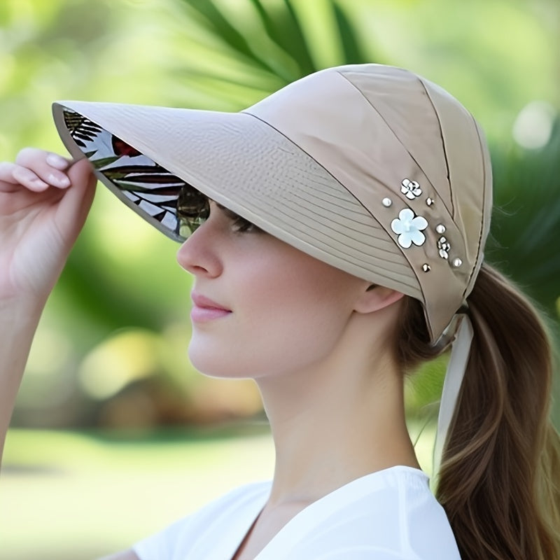 Stylish beaded sun visor for women with UV protection and foldable design, perfect for daily outdoor use.