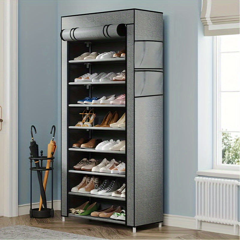 Compact plastic shoe cabinet with dust cover, non-woven shoe rack, easy assembly, portable, ideal for home, dorm, or entryway storage.