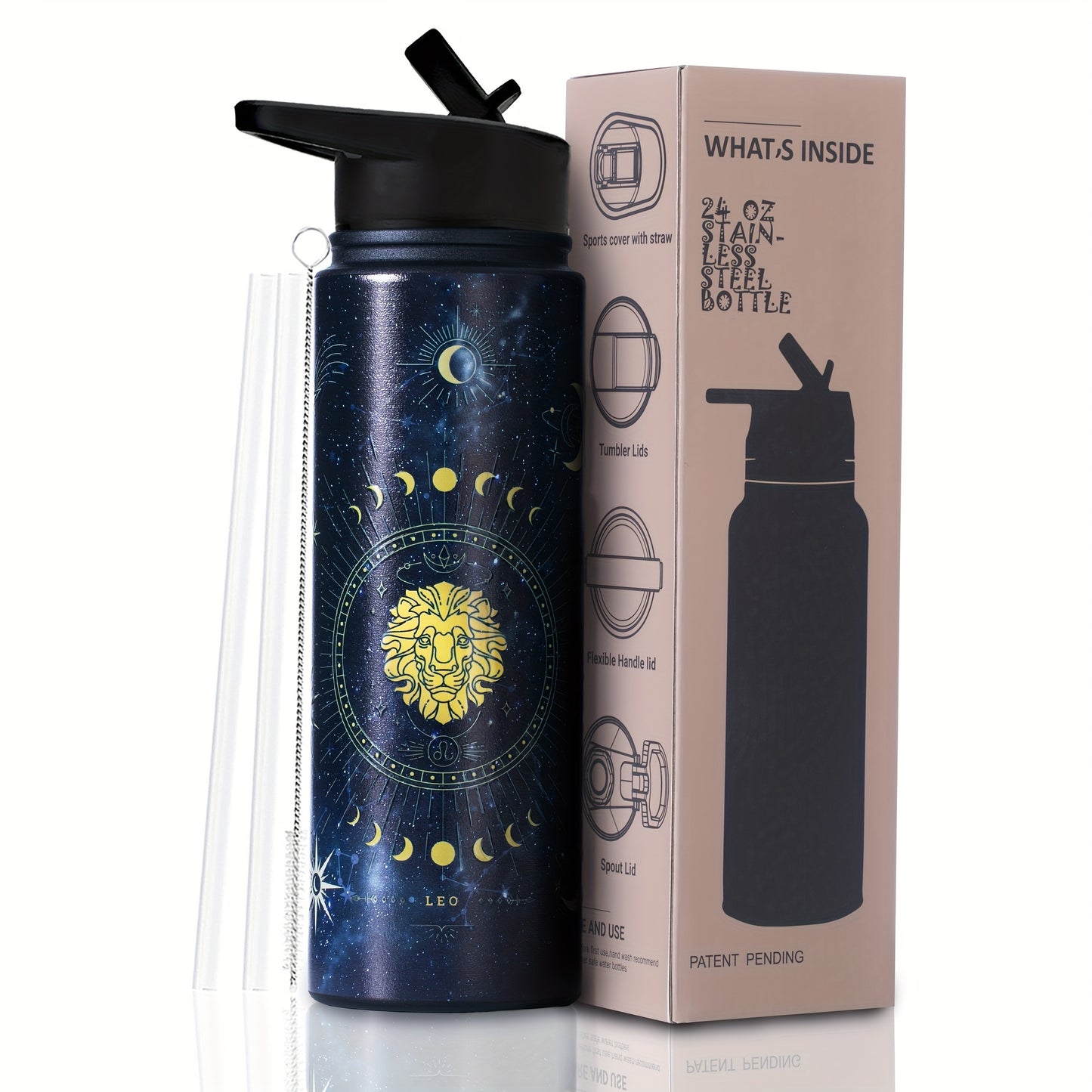 1pc Stainless Steel Zodiac Water Bottle with Lid, Straw, and Double Wall Vacuum Insulation - Ideal for Travel, Outdoor Activities, or as a Birthday Gift. Great for Halloween parties or as room decor.