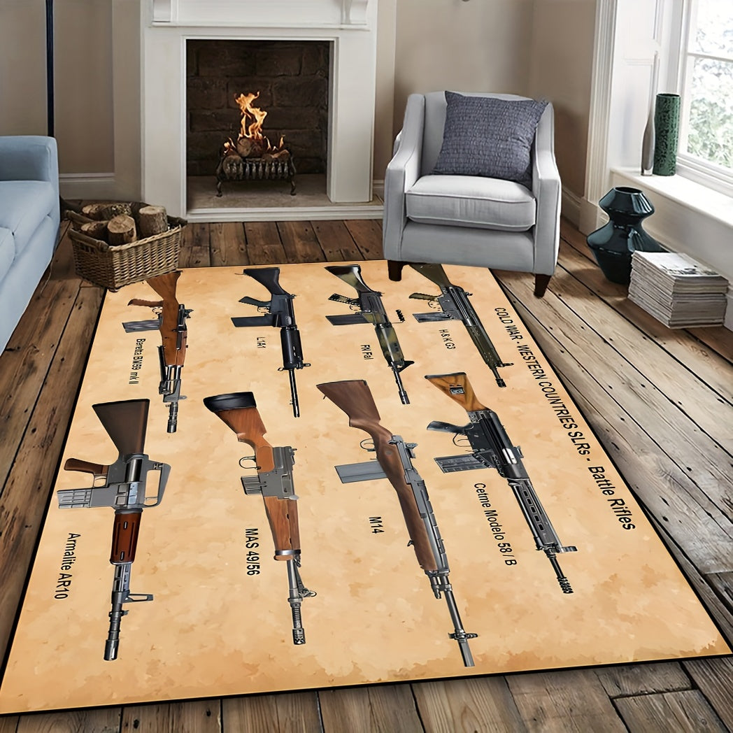 Military-themed polyester fiber carpet featuring various gun patterns, designed for use in the bathroom, living room, bedroom, or restaurant. Resistant to dirt, machine washable, and non-slip for added convenience.