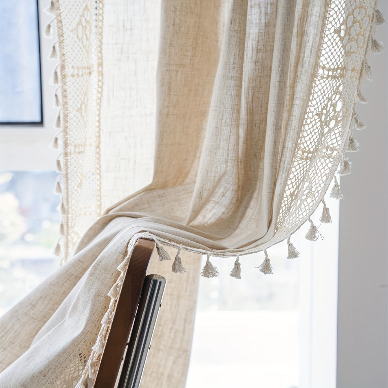 Boho-Chic Pure Linen Crochet Curtain with Tassels - Semi-Sheer Panel, American Farmhouse Style, Rod Pocket Design for Living Room, Bedroom, Dining & Kitchen, UV Protective, Hand Washable - Perfect for Living Room Decor