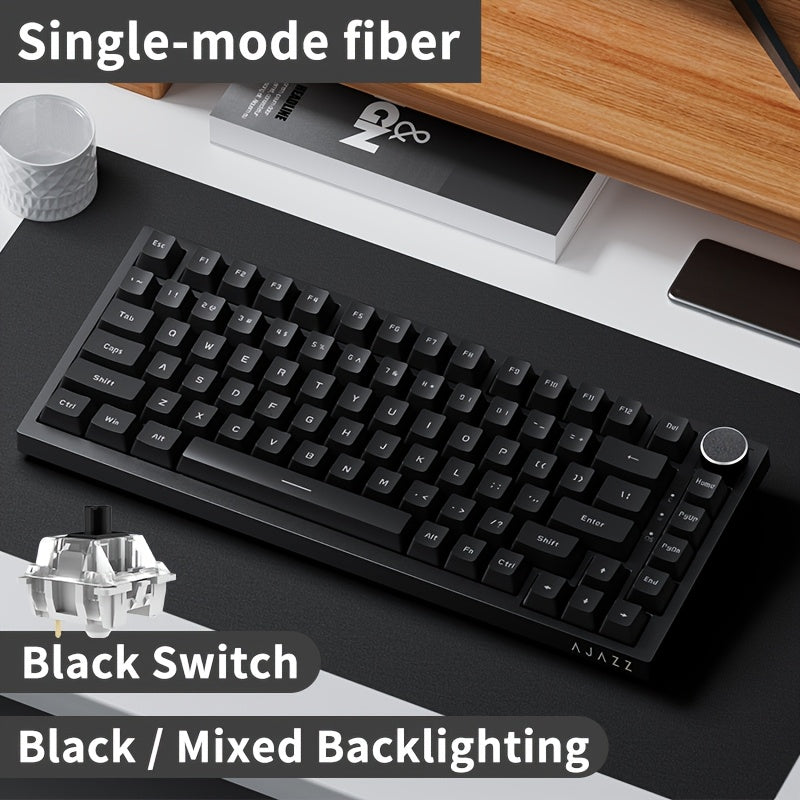 AJAZZ AK820 is a 75% wired mechanical gaming keyboard with volume knob, South-backlit LED, PBT keycaps, swappable RGB keys, ergonomic design, detachable USB-C cable, and keycap puller