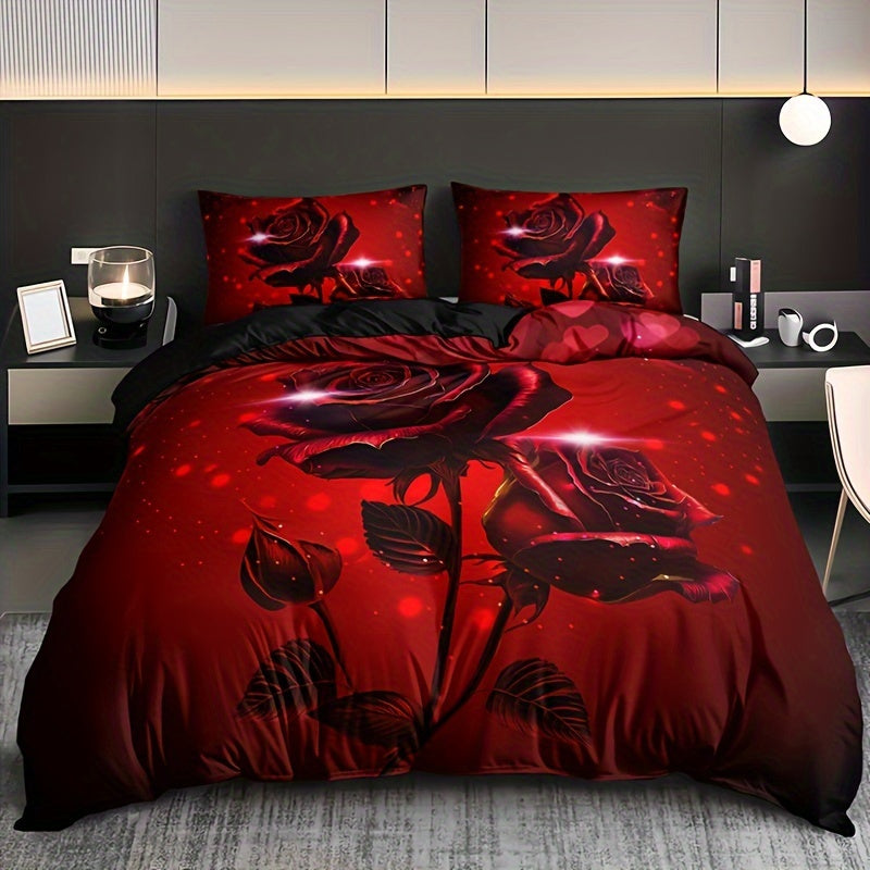 Red Rose Print Duvet Cover Set - Includes 1 Duvet Cover & 2 Pillowcases, Made from Breathable Polyester, Easy to Clean in the Washing Machine - Ideal for Use All Year Round