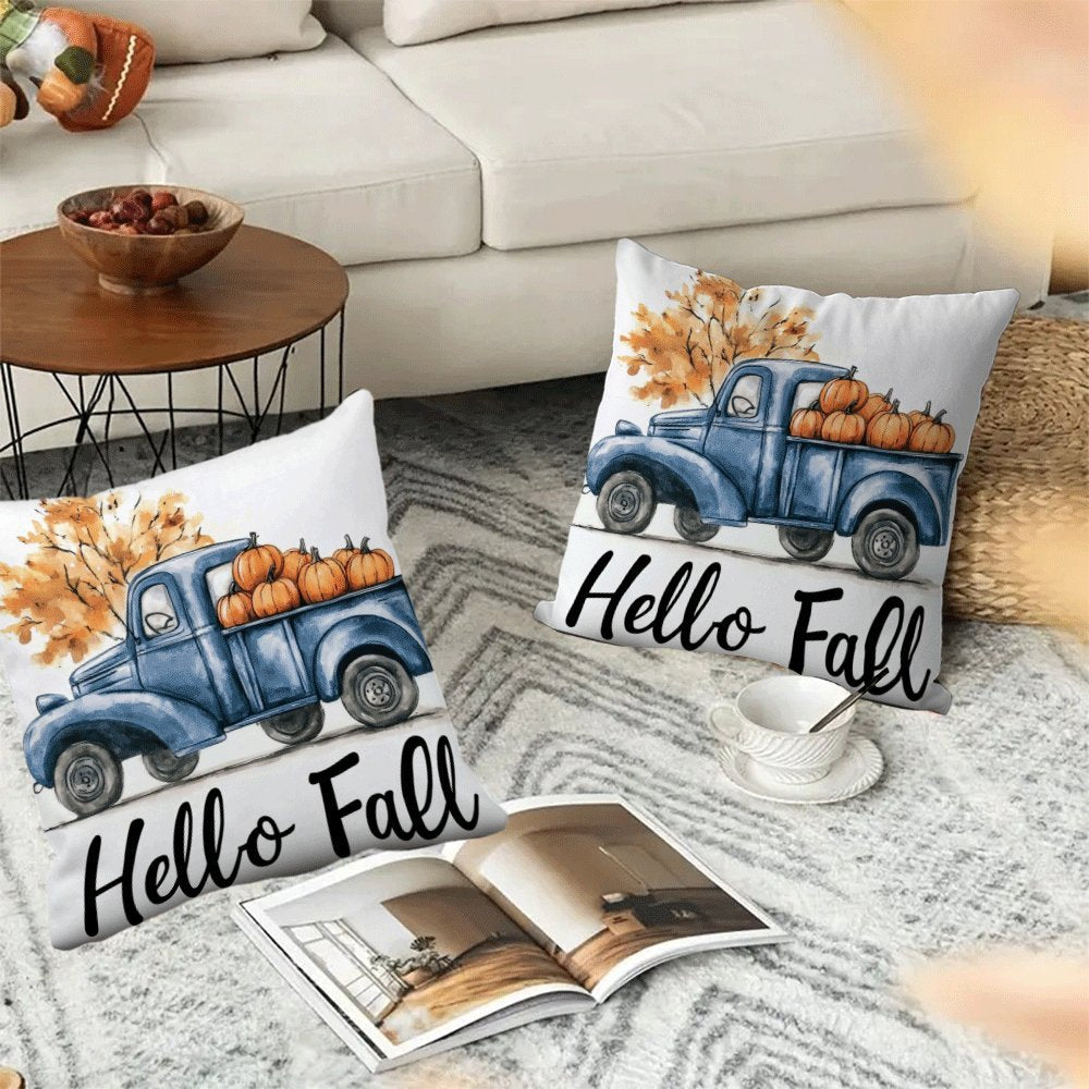 Set of 2 contemporary flannel pillow covers, measuring 45.72x45.72 cm each. These machine washable cushion cases feature a zippered closure and a charming fall pumpkin truck design. Perfect for all seasons, these pillowcases are ideal for back sleepers