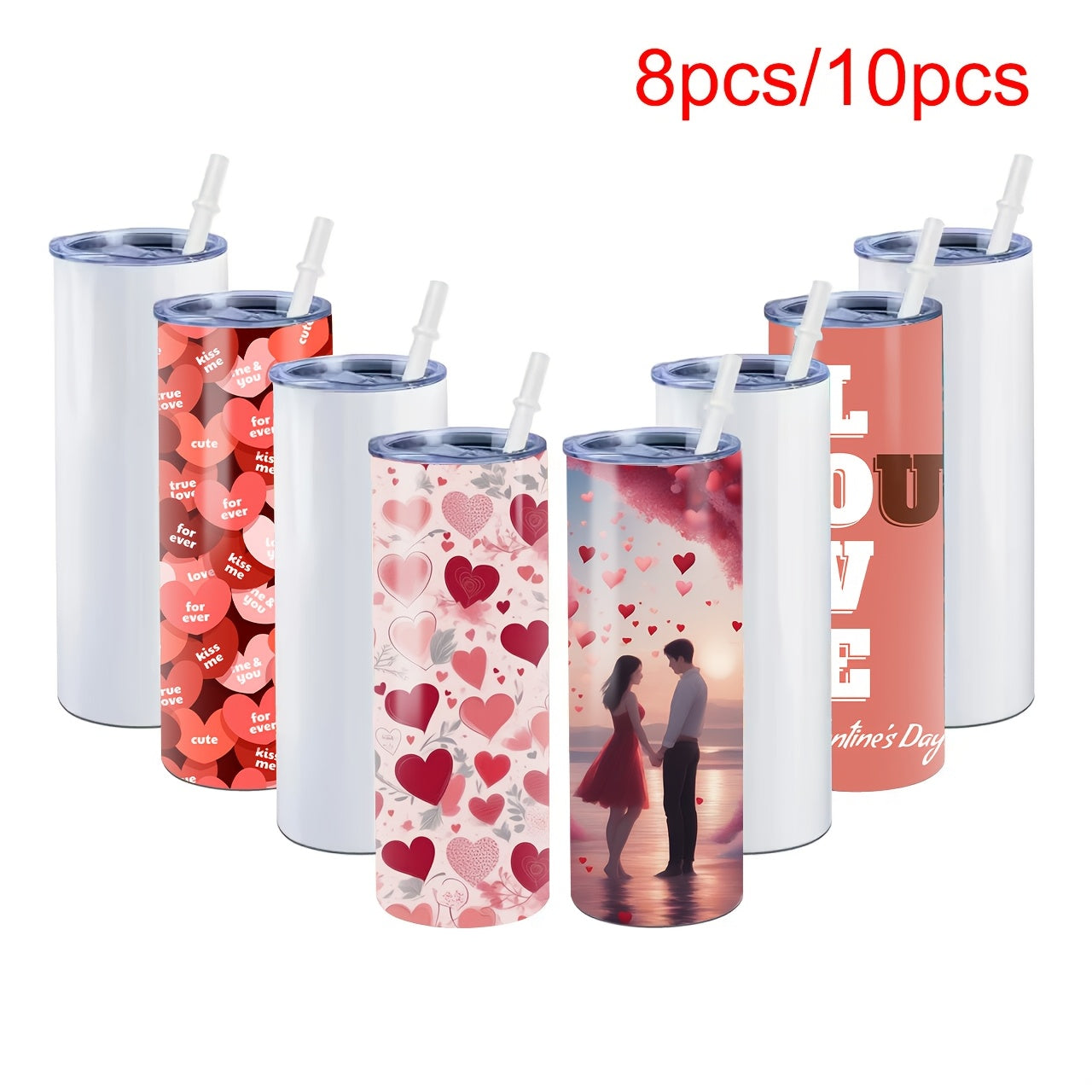 8-10pc sublimation coated stainless steel cups with sealed water push cap and plastic straw, vacuum insulated, DIY gift.