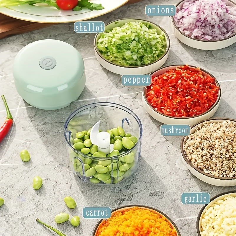 Portable mini food processor with stainless steel blades, USB rechargeable, 1200RPM speed, speed control, easy to clean, 250ML capacity, lithium battery.