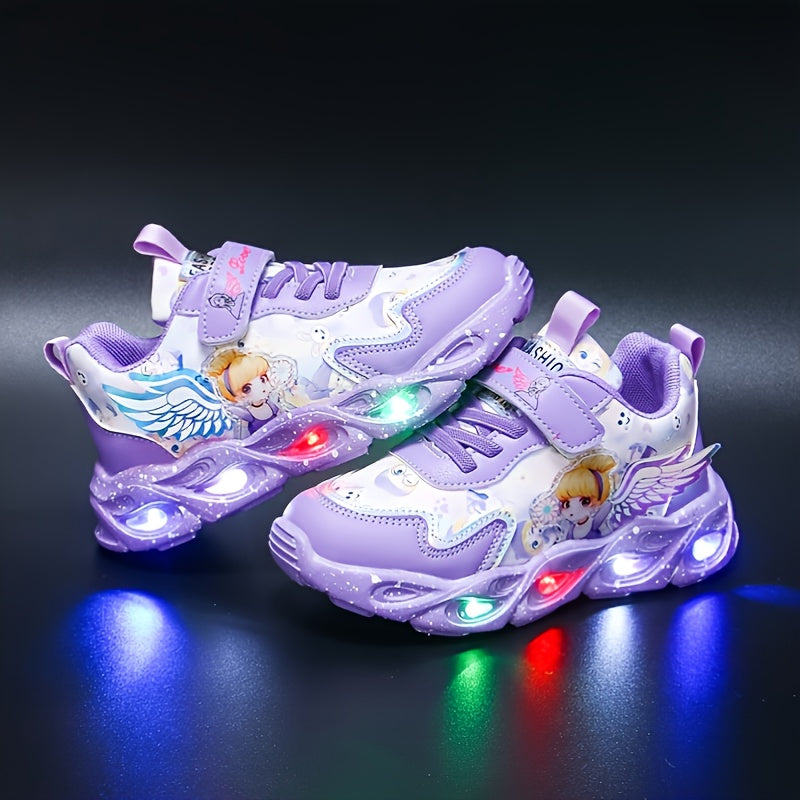 Girls' low top running shoes with glittering design, buckle closure, and lightweight microfiber synthetic construction for kids aged 14 and under.