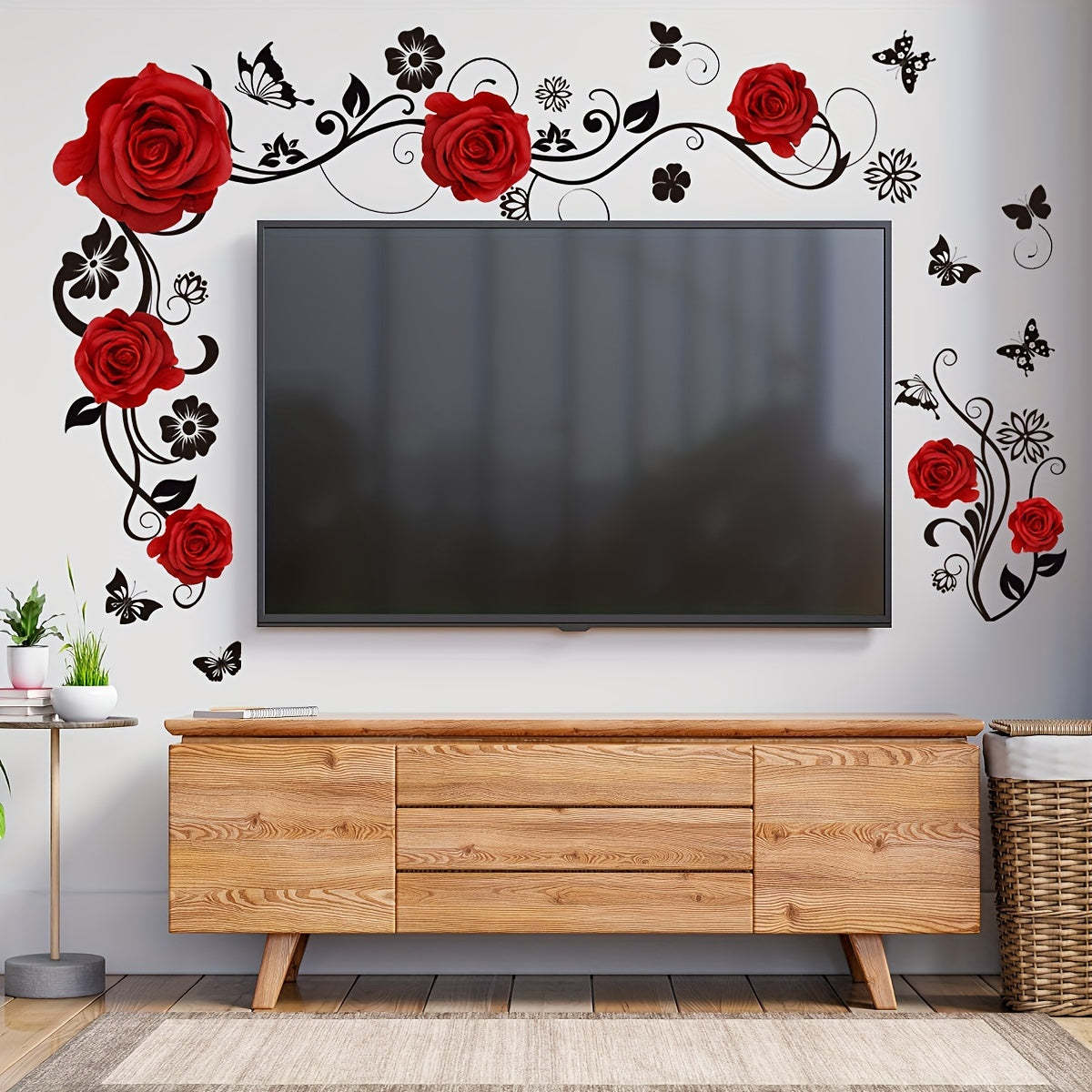 Contemporary Butterfly Rose Vine Wall Decal, Reusable Self-Adhesive Sticker for Living Room Bedroom Decor, Easy to Apply and Remove