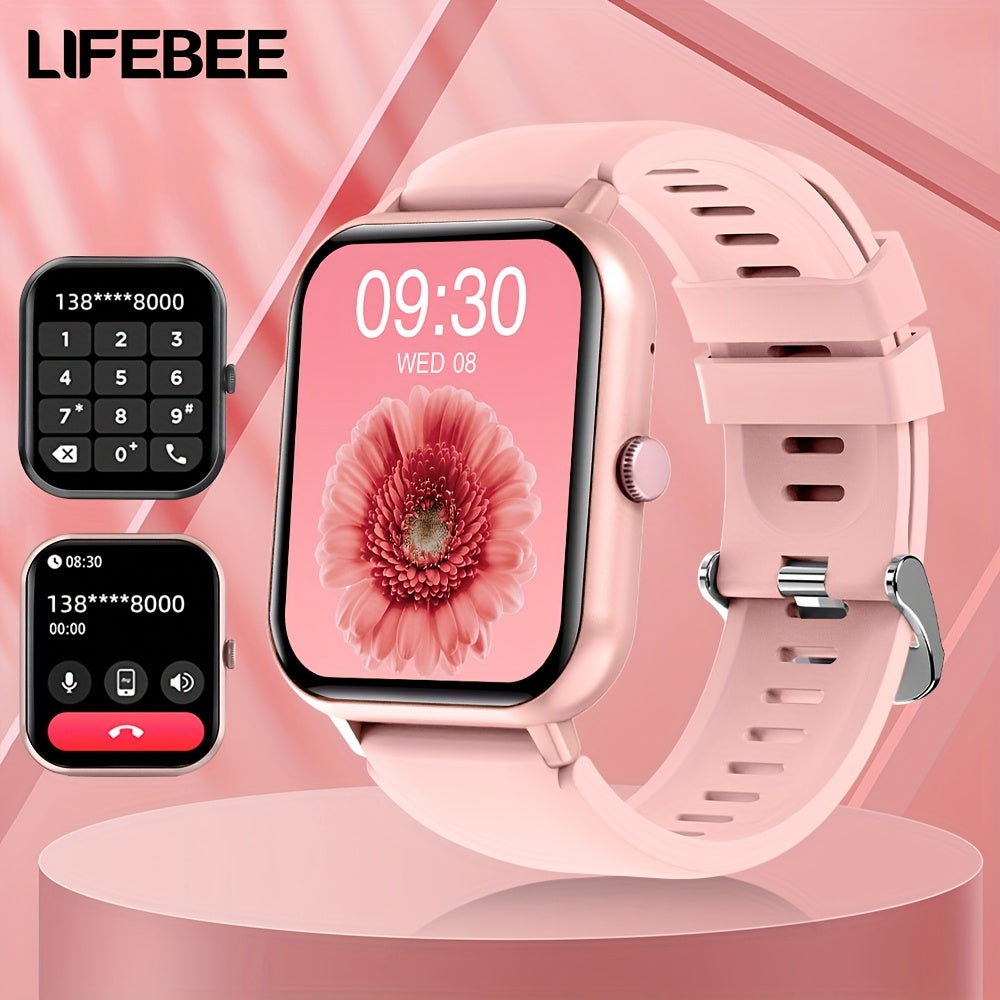 LifeBee Smartwatch: Full screen, call function, 100+ exercise modes, pedometer, calorie tracker, rechargeable, black & pink colors.