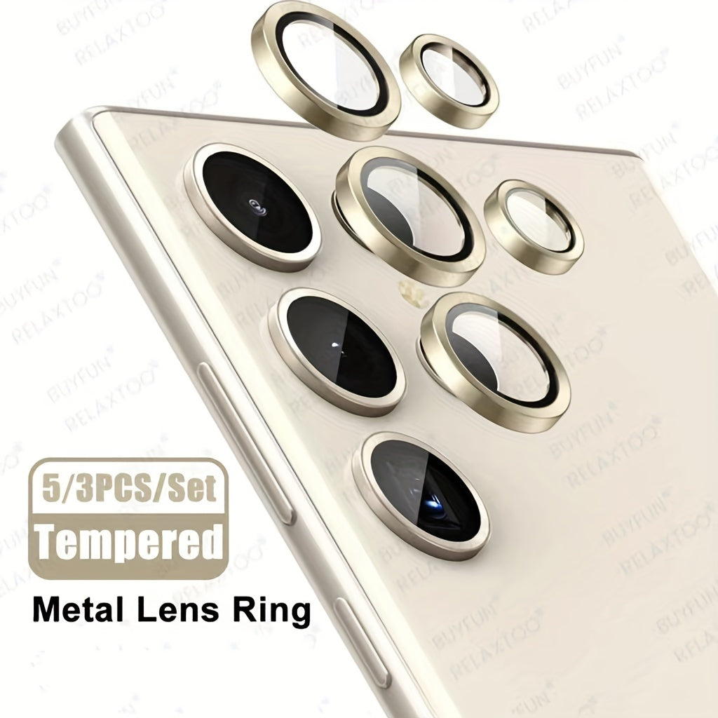 Set of 3 camera metal rings and tempered glass lens protectors for various Samsung Galaxy models.