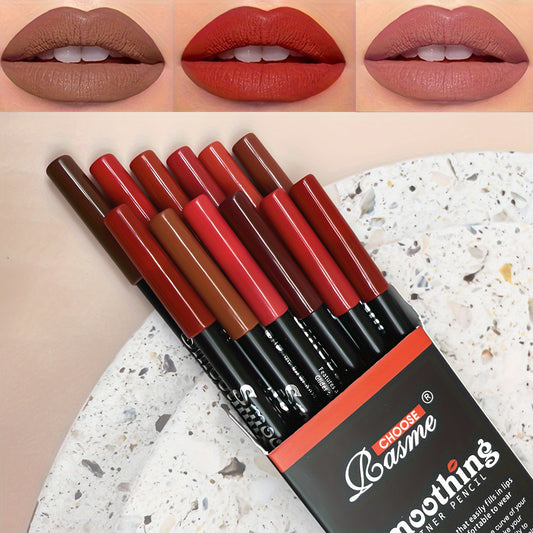 12pc Matte Lip Liner Pencil Set with assorted mocha shades for lip contouring and definition, perfect gift for women.