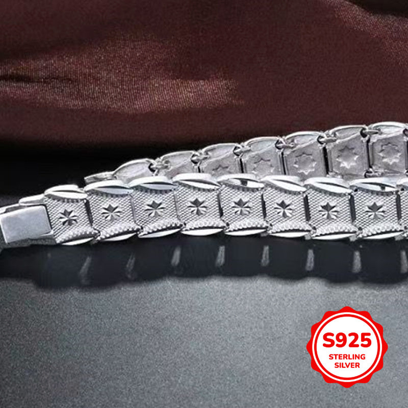 Sophisticated Men's S925 Sterling Silver Wide Bracelet featuring a European Coin Design, 12mm in size. Hypoallergenic and suitable for both daily wear and special occasions, this bracelet exudes a retro and French-inspired style. Perfect gift for