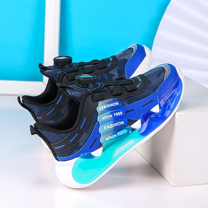 Stylish solid color boys' basketball sneakers with rotating buckle, breathable lining, and EVA sole for running and sports.