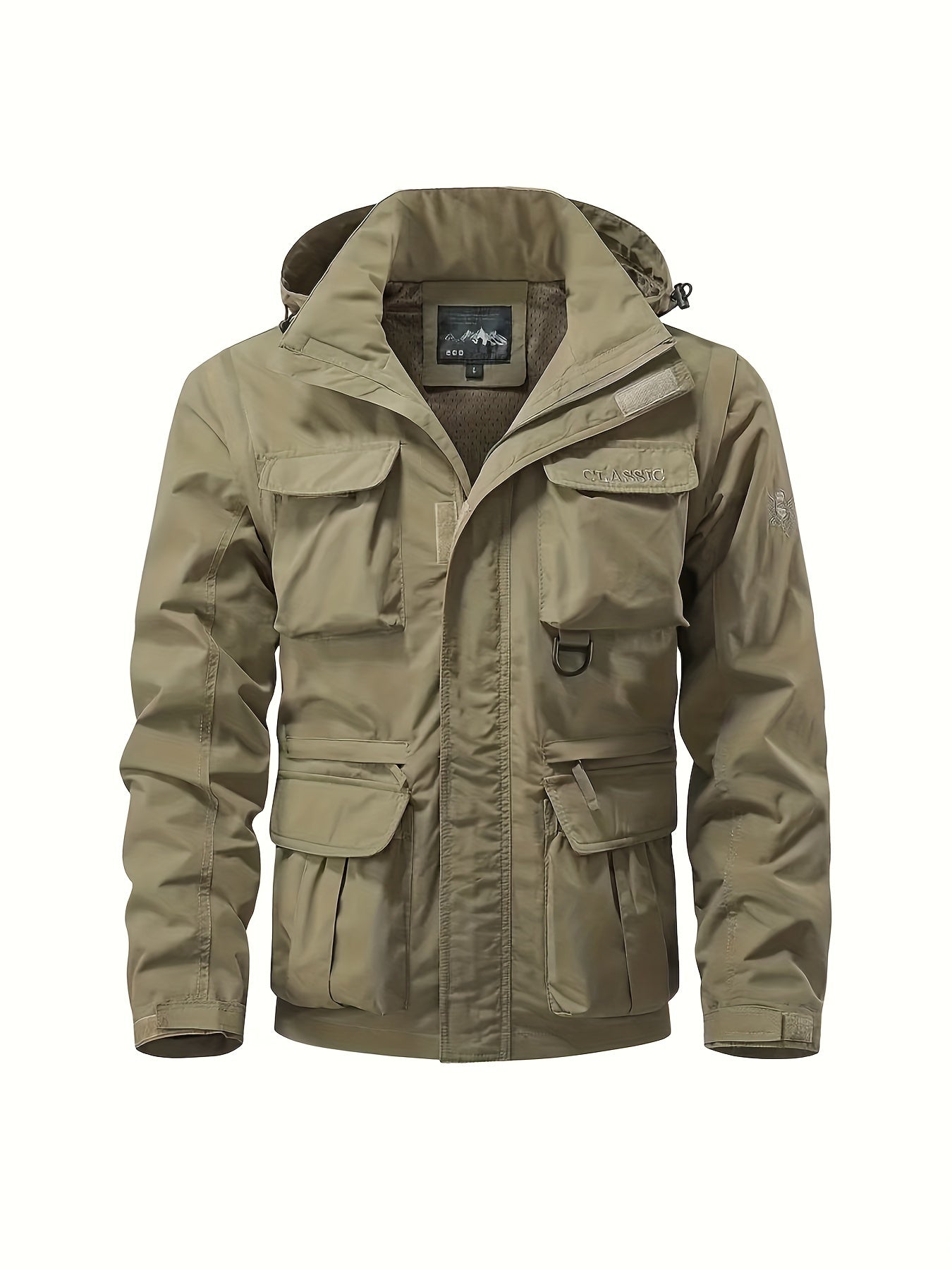 Eco-friendly men's windbreaker jacket with detachable hood and multiple pockets, perfect for outdoor activities.