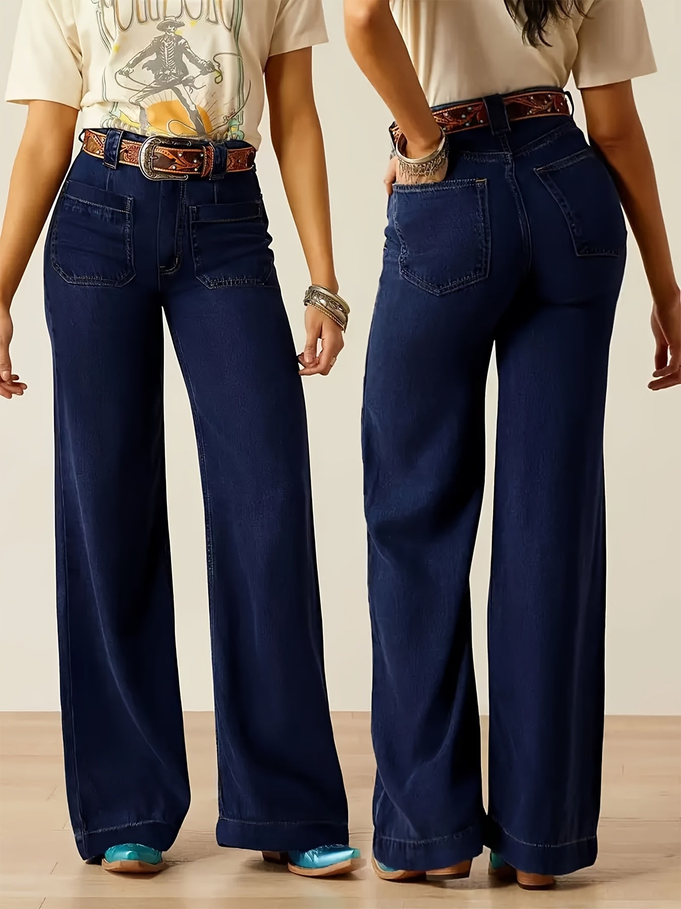 Women's comfortable elastic straight-leg pants with a fashionable wide-legged design in dark blue denim. Suitable for all seasons.