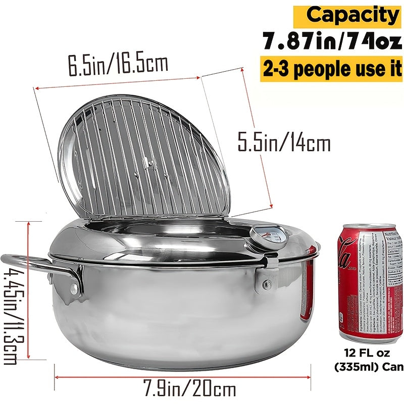 Top Pick: Stainless Steel Deep Fryer Pan with Thermometer - 7.9" Japanese Tempura Cooking Pot for French Fries, Shrimp & Chicken Wings - Compatible with Induction Cooktops, 20cm, Includes Oil Rack and Fish Basket