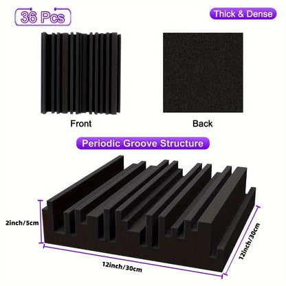 36pcs Black sound absorbing foam boards with flame retardant properties, suitable for use in various spaces such as offices, recording studios, music rooms, game rooms, home theaters