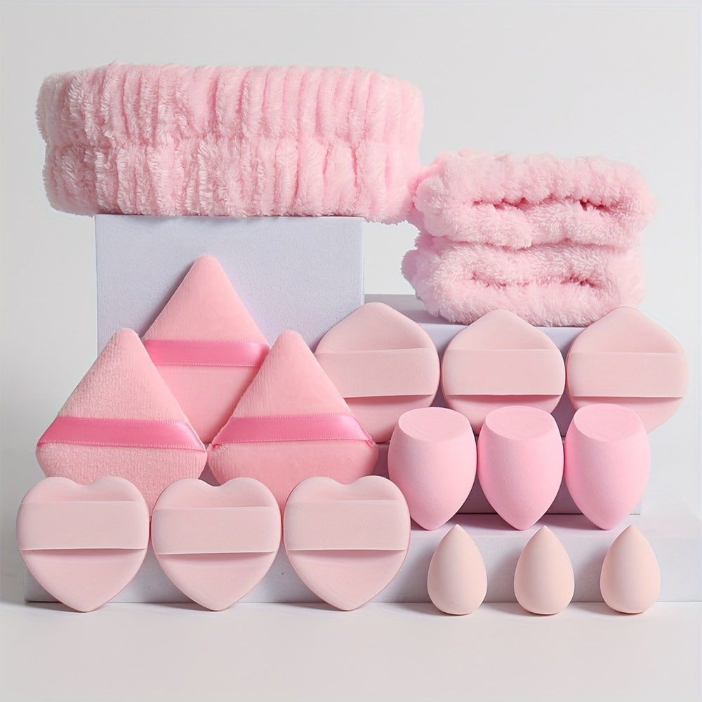 18-piece set including 1 hairband, 2 wristbands, 3 makeup sponges, 3 mini makeup sponges, 3 loose powder puffs, and 6 air cushion puffs. Features foundation mixing sponge for flawless