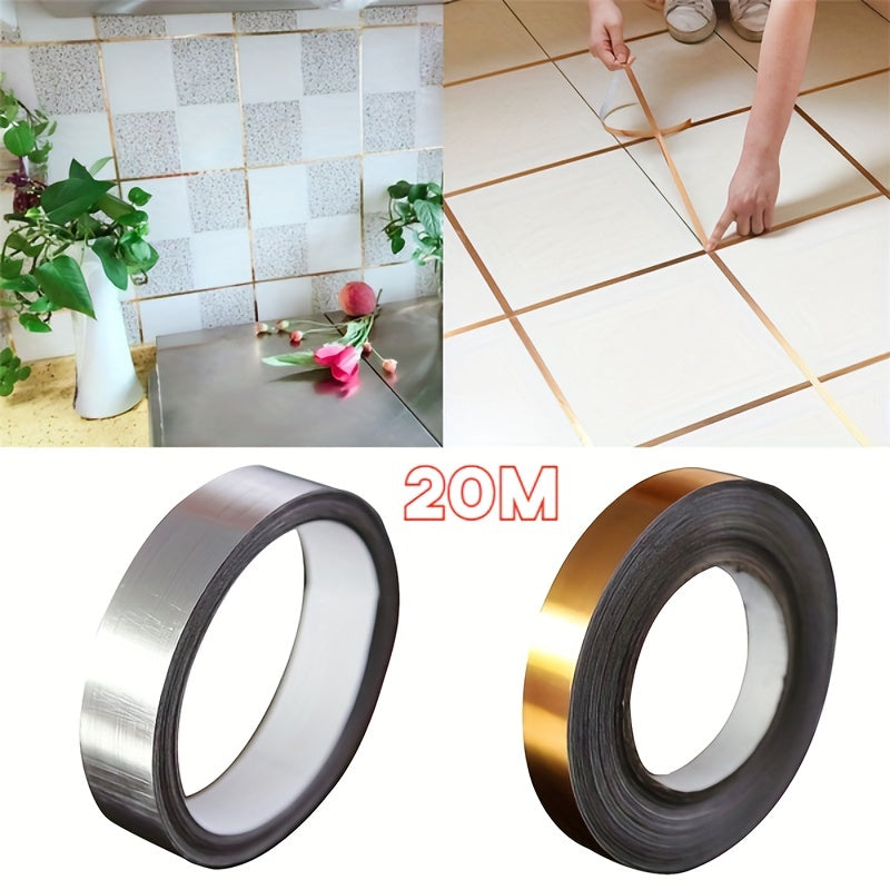 Home décor tape in golden or silver tones, designed to add a decorative touch to wardrobes, walls, floors, tiles, and ceilings. This waterproof, self-adhesive tape fills gaps and seals seams for a polished finish.