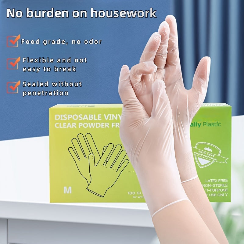 Pack of 100 PVC disposable gloves, can be used on either hand, free of lead and BPA, waterproof and resistant to water with great flexibility. Perfect for handling food, cleaning, beauty salons, and home use.