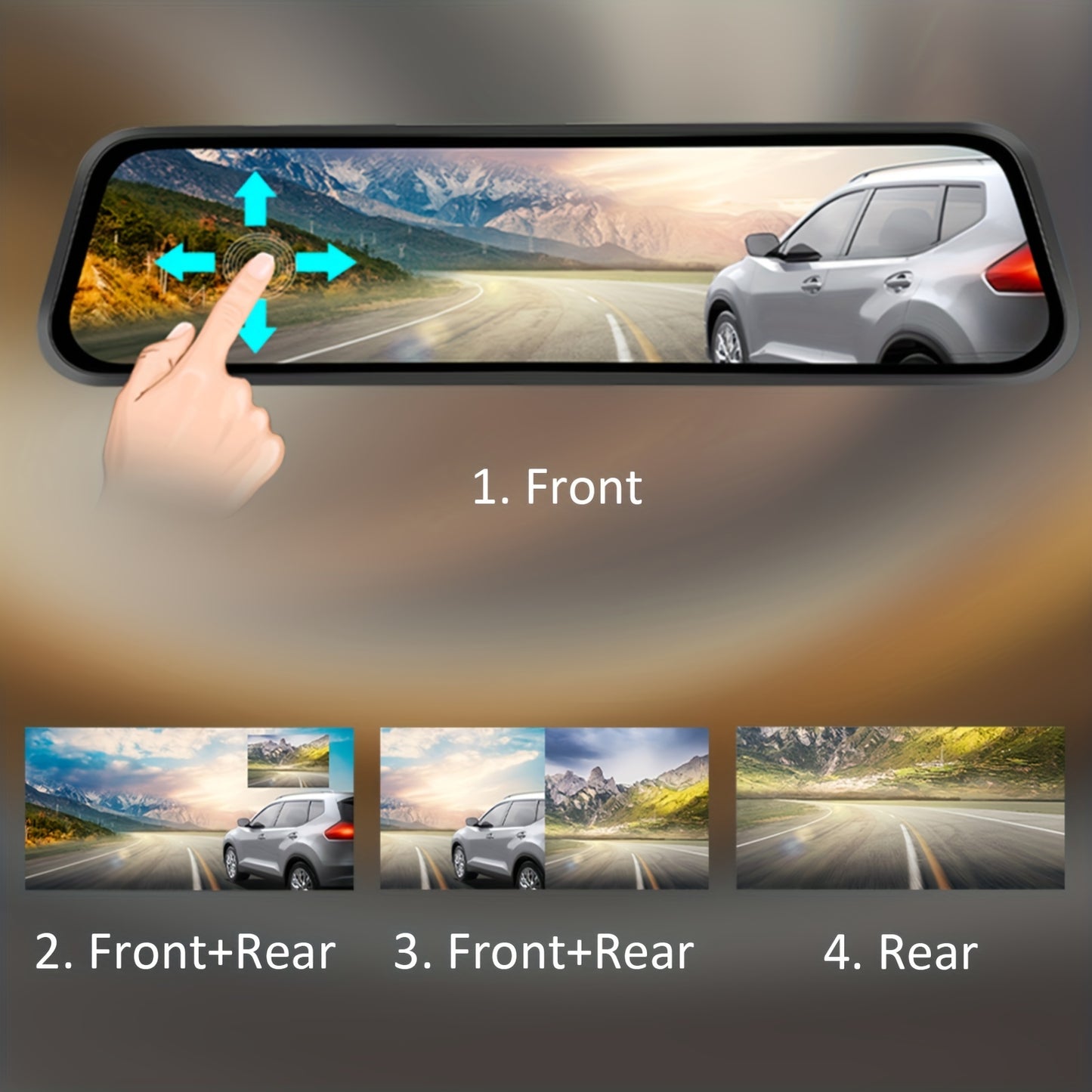 25.4cm mirror dash cam with 1080P front and 720P rear cameras, touch screen display, G-sensor, night vision, loop recording, 24/7 parking monitor, 32GB card included